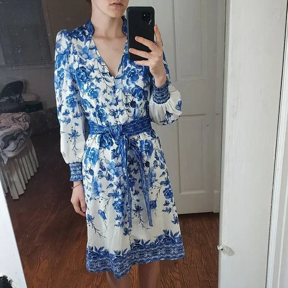 alice and olivia blue floral dress Alice + Olivia Lucy Cuffed Cap Sleeve Mini Shirt Dress in Blooming Wild  Indigo